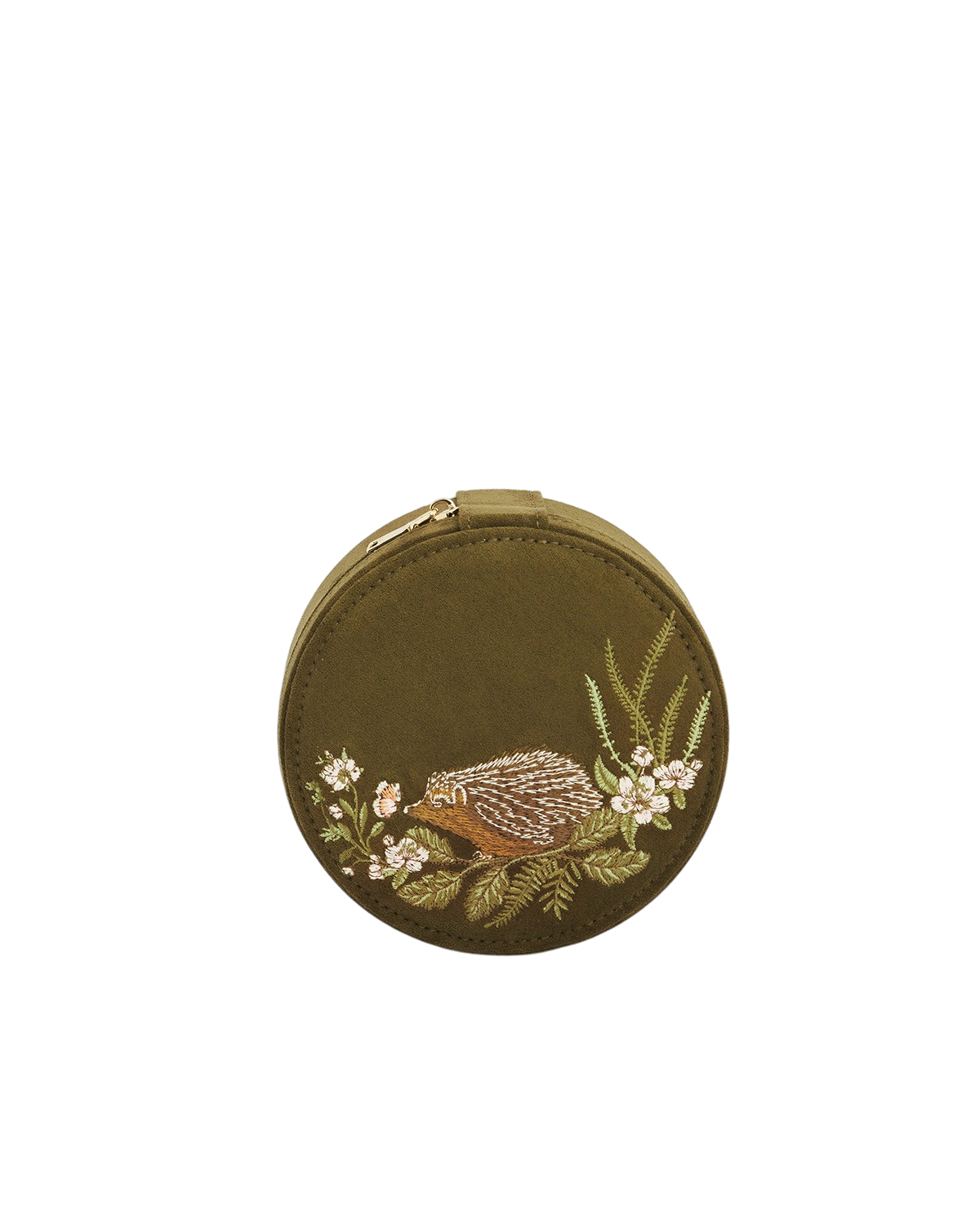 fable-england-igel-schmuckkasten-rund-khaki-wildleder-bestickt image 1
