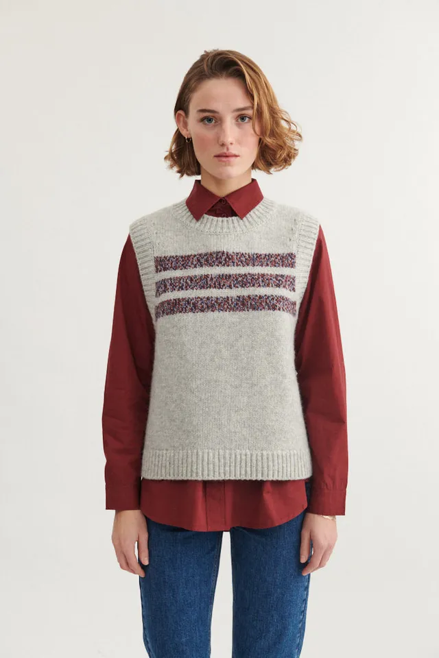 basic-apparel-blanche-vest-strickweste-hellgrau-wolle-streifen image 1
