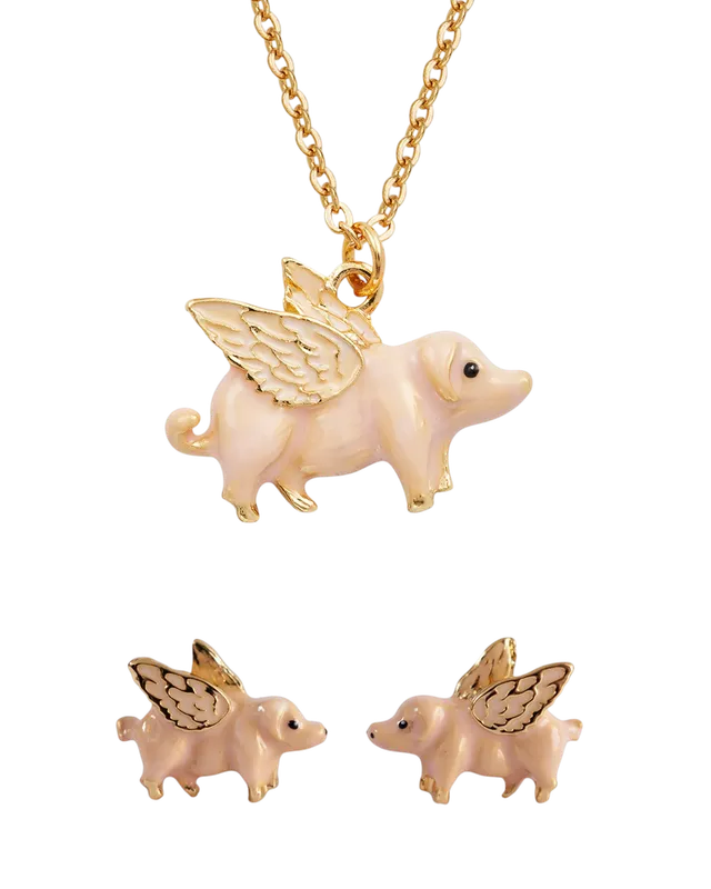 fable-england-flying-pig-gold-schmuckset-kette-ohrstecker image 1