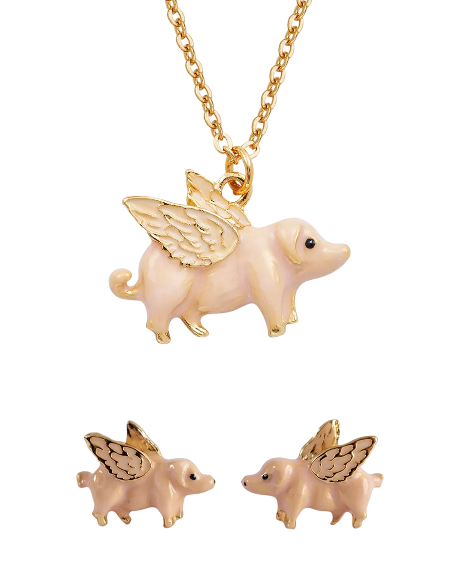fable-england-flying-pig-gold-schmuckset-kette-ohrstecker image 1