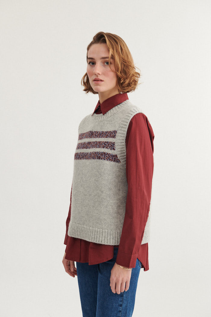 basic-apparel-blanche-vest-strickweste-hellgrau-wolle-streifen image 2