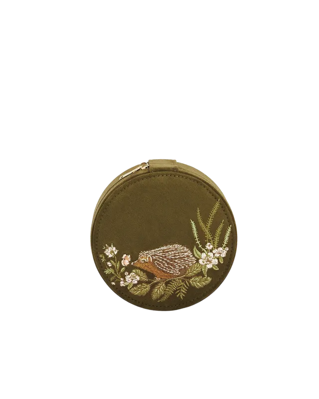 fable-england-igel-schmuckkasten-rund-khaki-wildleder-bestickt image 1