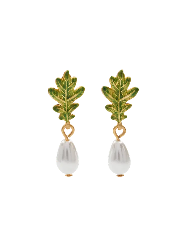 fable-england-gold-oak-leaf-pearl-ohrringe-tropfen-eiche-emaille image 1