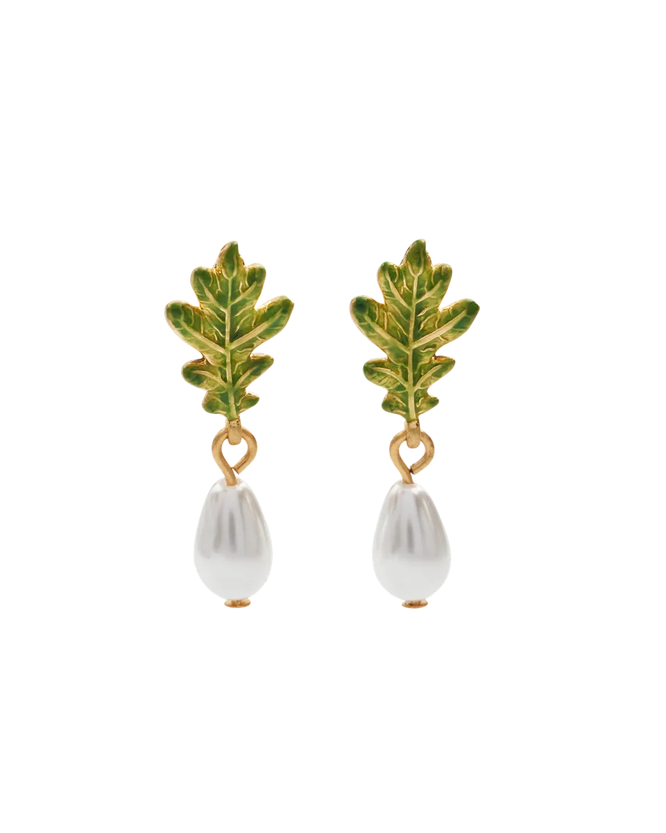 fable-england-gold-oak-leaf-pearl-ohrringe-tropfen-eiche-emaille image 1