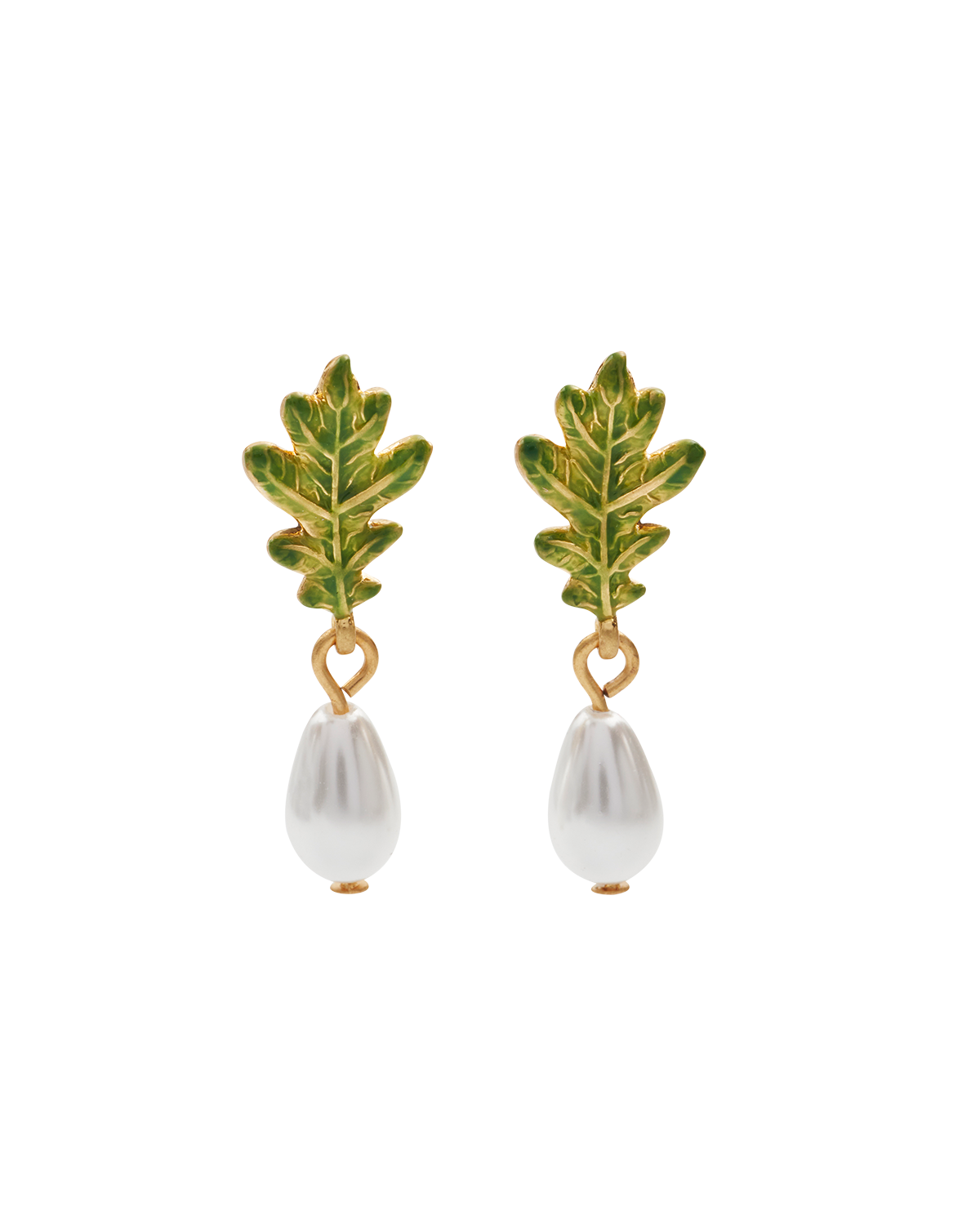 fable-england-gold-oak-leaf-pearl-ohrringe-tropfen-eiche-emaille image 1