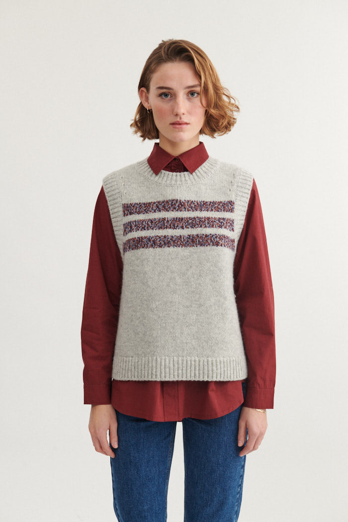 basic-apparel-blanche-vest-strickweste-hellgrau-wolle-streifen image 1